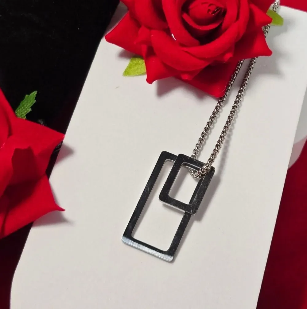 Silver Geometric Rectangle Pendant Necklace Stainless Steel Unisex 24